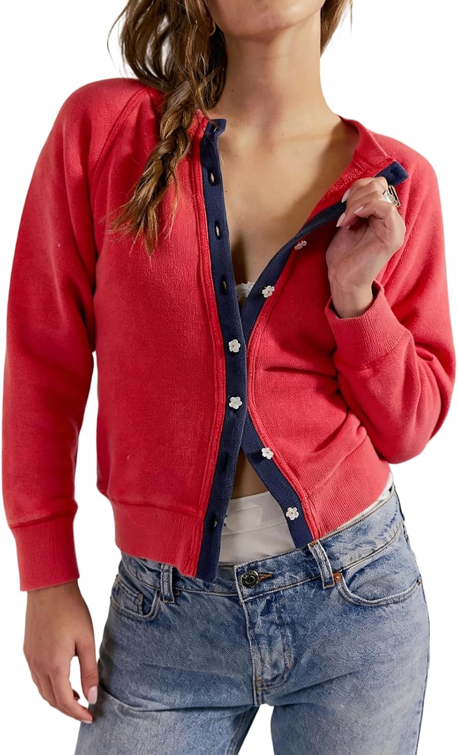 Womens Long Sleeve Slim Fit Floral Button Open Front Shirt Fall Crop Tops Cute Going Out Cardigan Sweatshirt