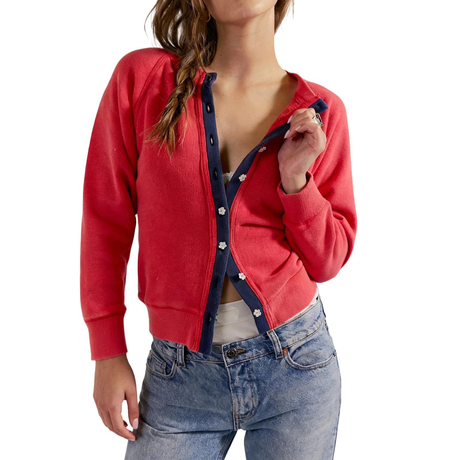Womens Long Sleeve Slim Fit Floral Button Open Front Shirt Fall Crop Tops Cute Going Out Cardigan Sweatshirt