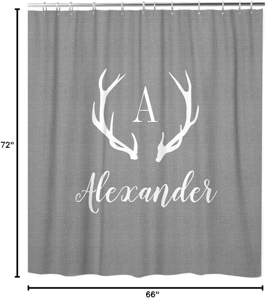 Shower Curtain, Rustic Gray Antler Monogram Farmhouse Shower Curtains with 12 Hooks, Bathroom Bathtub Decor, Waterproof Shower Curtains for Bathroom, 66x72 Inches