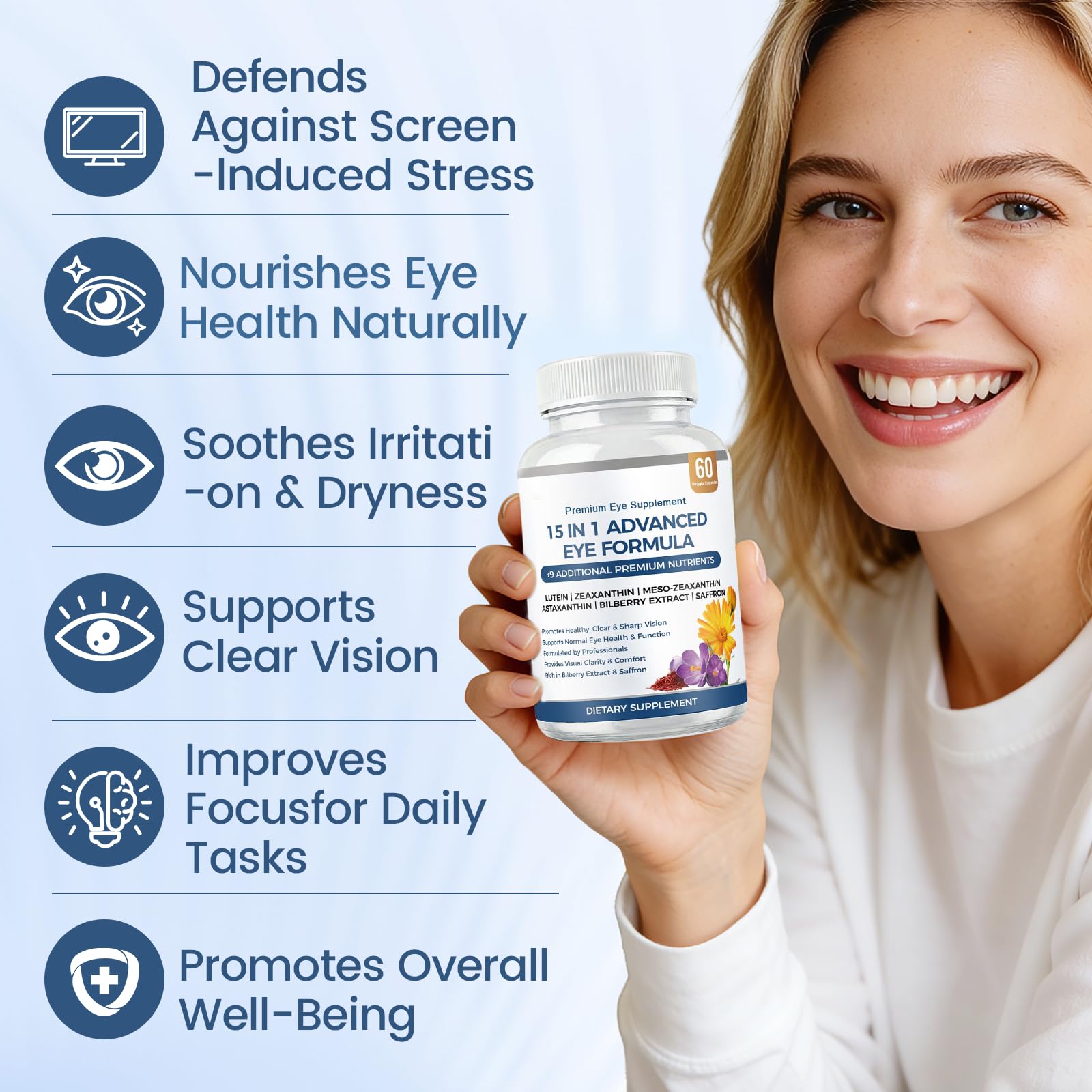 15 in 1 Advanced Eye Formula with All 3 Carotenoids, Lutein & Zeaxanthin, Saffron & Bilberry Extract 60 Count (Pack of 1) — Amazon image 3