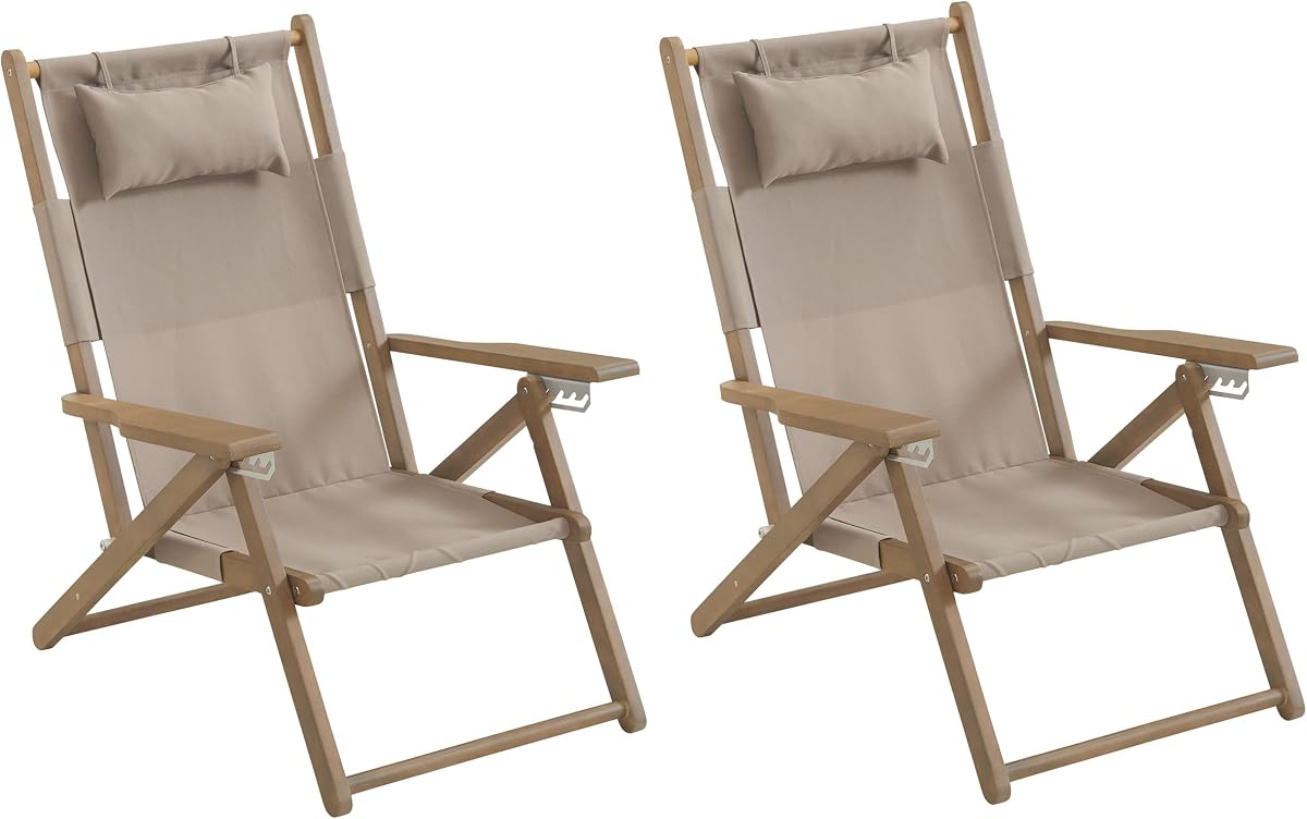 Lavish Home Set of 2 Beach Chair - Outdoor Weather-Resistant Wood Folding Chair with Backpack Straps - 4-Position Reclining Seat - Beach Essentials (Taupe)