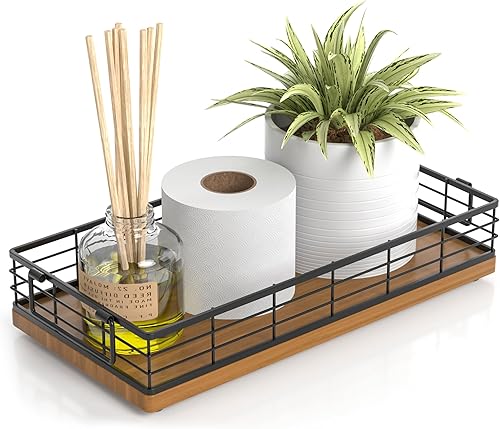 Vista 12 de Cesta de papel higiénico, 33 cm de roble y hierro, bandeja para la parte superior del tanque del inodoro, organizador de artículos de aseo para Negro