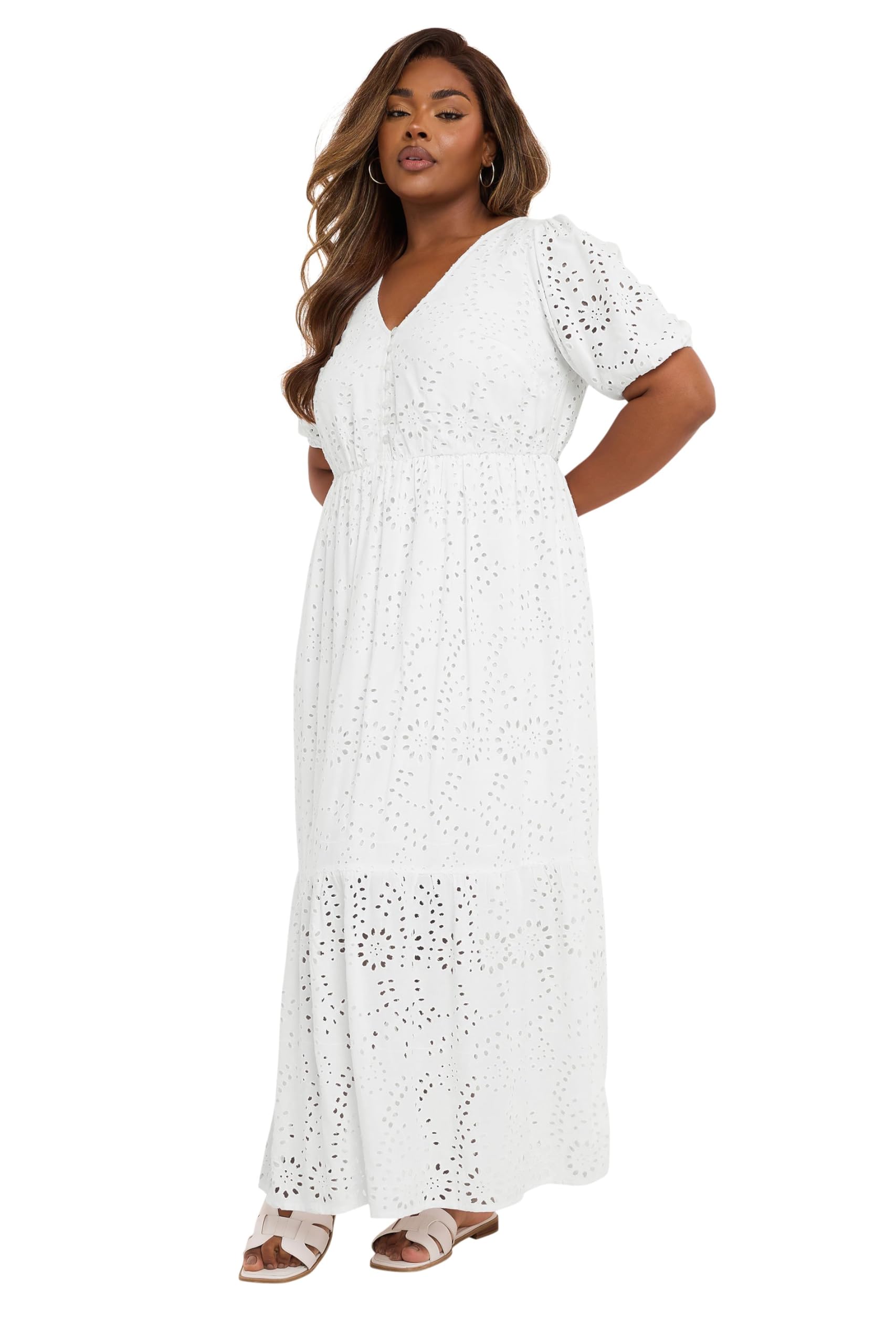 Yours Women's White Curve Broderie Anglaise Tiered Maxi Dress - Plus Size Curve