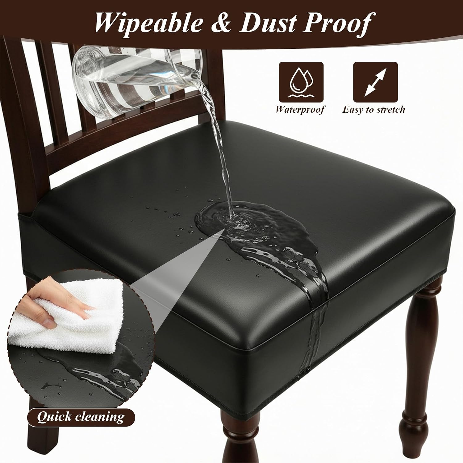 4 Pcs Dining Room Chair Seat Covers, Waterproof Leather-Like Dining Chair Slipcovers, Stretch Fit, Stain Resistant, Machine Washable Waterproof Chairs Covers for Home, Restaurant Use, Black