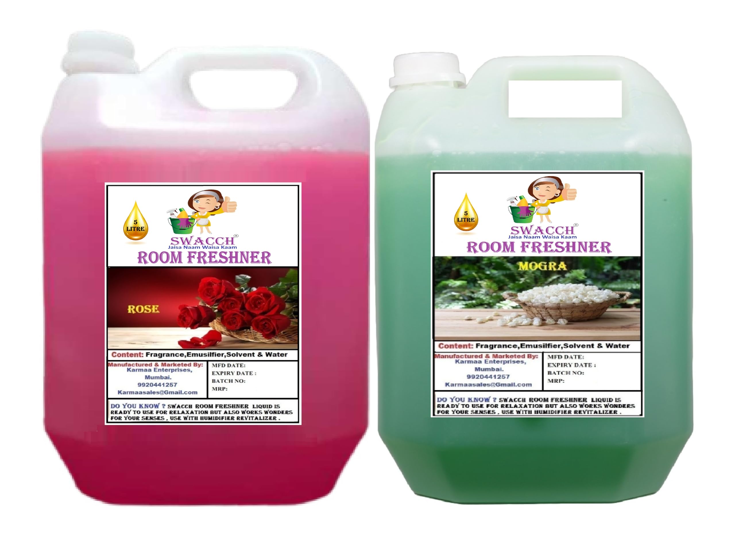 Room Freshner For Home, Car & Wash Room, instant Refreshing Fragrance I Eco-Friendly Formula I Skin Friendly I Ready to use I Water Based I Rose & Mogra 5 Litre Combo Pack of 2