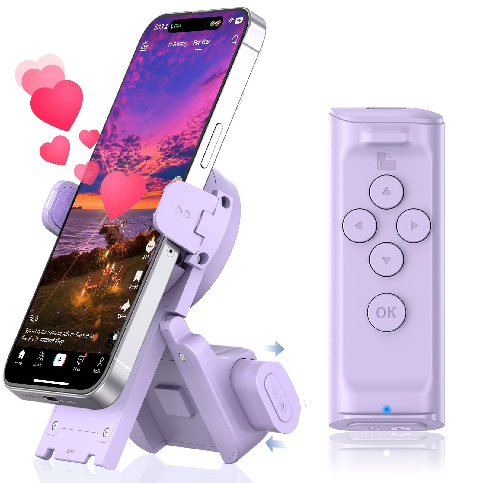 MILOUZ Remote Control Scrolling for Tiktok with Phone Stand,Page Turner for Kindle App E-Book,Bluetooth Camera Shutter Remote for iPhone, Android,iOS,iPad,Tablet (Purple)