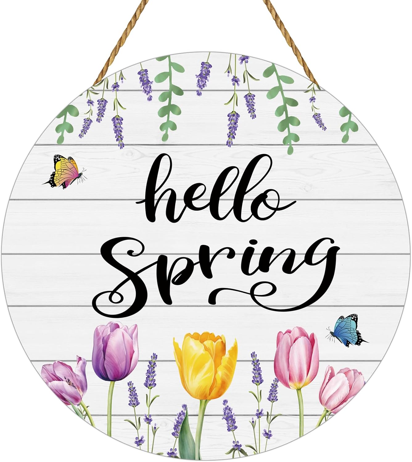 Spring Decorations for Home Hello Spring Door Decor Butterfly Tulip Wall Decor Wooden Tulip Wreaths for Front Door Hanger Hanging Sign for Porch Wall Indoor Home Decor
