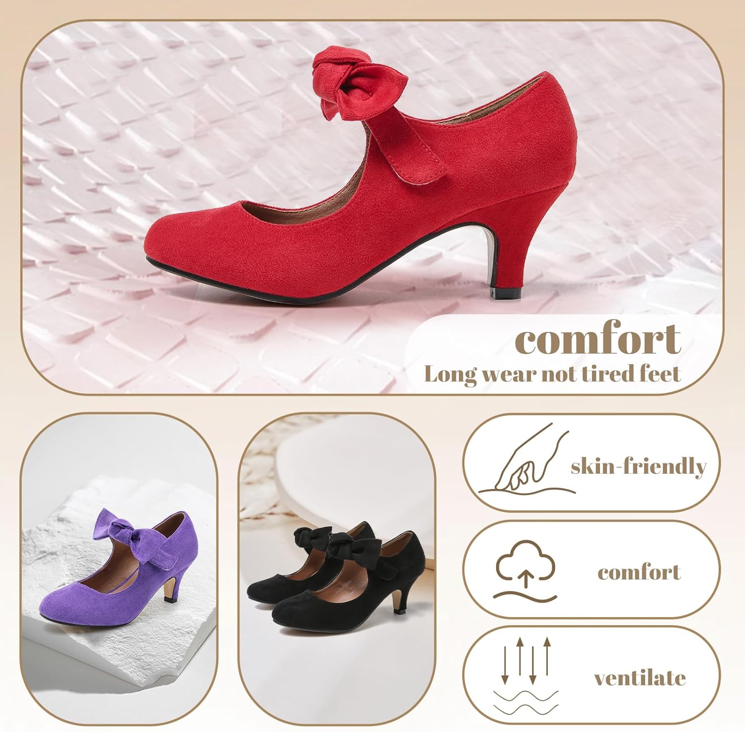 Women's Bow Mary Jane Kitten Heels Pumps Round Toe Low Heels Ankle Strap Wedding Dress Evening Party Shoes - Image 3