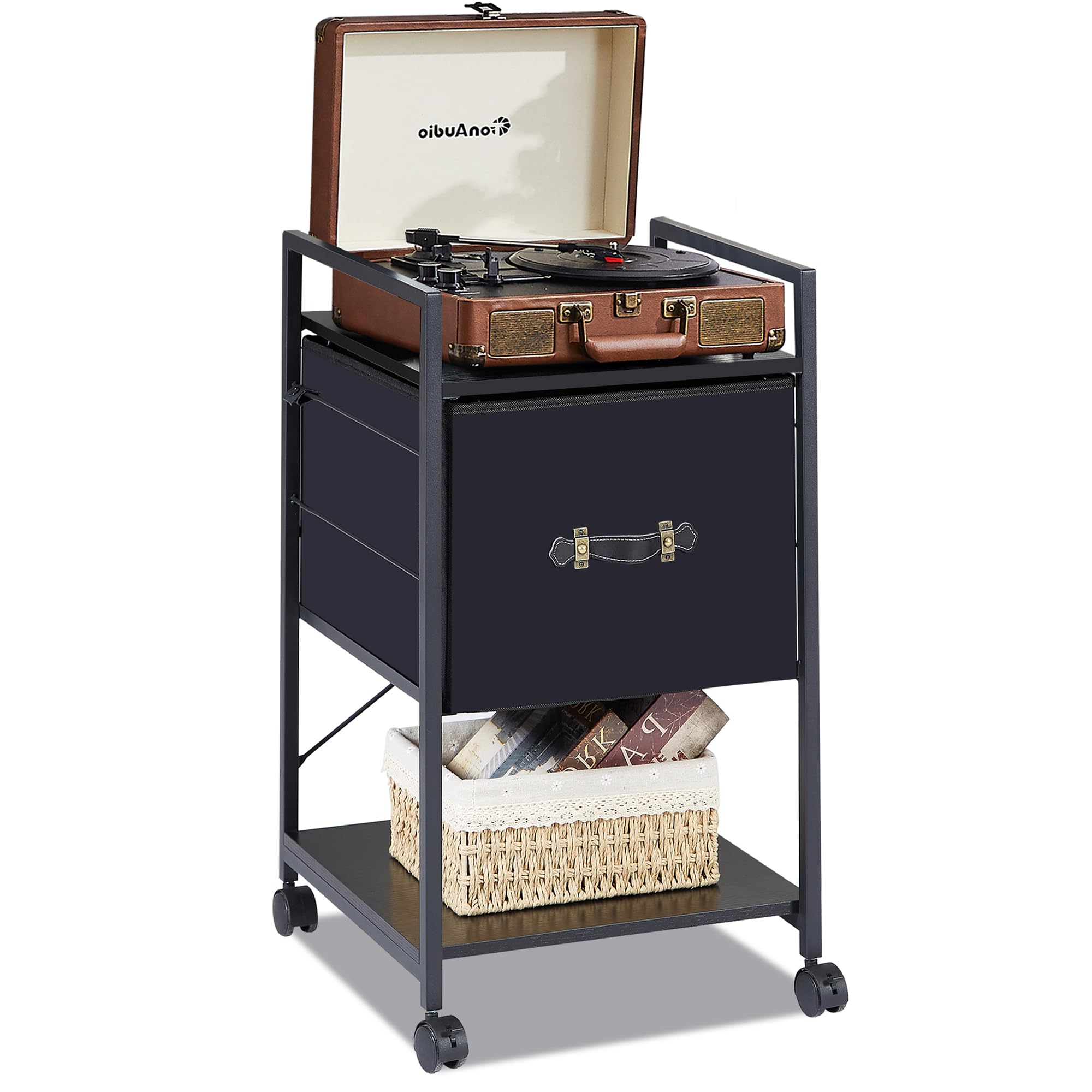 VECELO Modern File Cabinet with Wheels,End Table with Storage Shelf,Rolling Printer Stand with Large Fabric Drawer,Sofa Table Side Metal Frame,Easy Assembly for Small Space,Black