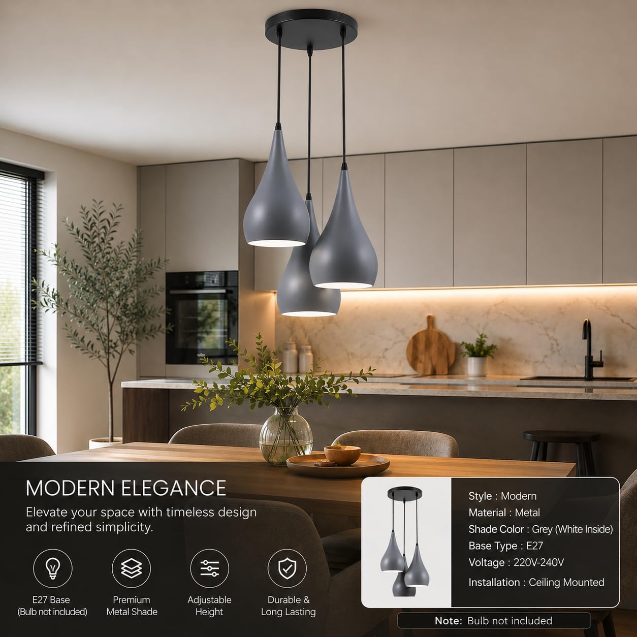 LEDSone 3-drożna lampa sufitowa w kształcie łezki, wisząca, szare klosze, nowoczesna oprawka ES E27, kolor szary [klasa energetyczna A]