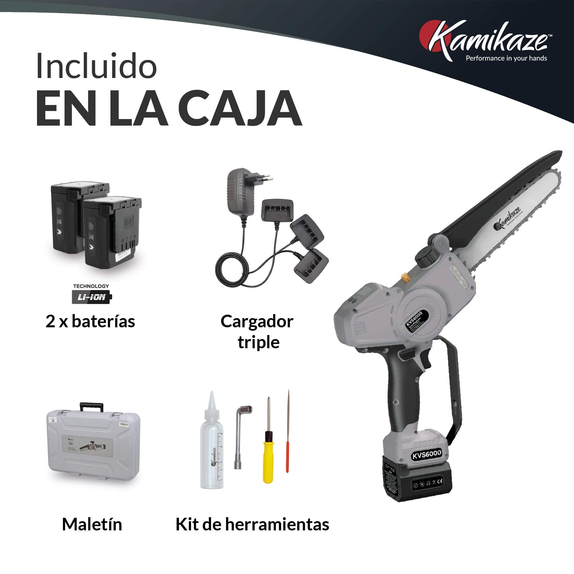 KAMIKAZE KVS6000 Mini Motosierra a Batería 21V, 6” 800W, Sierra Eléctrica Recargable con 2 Baterías 4Ah y Cargador Triple, Motosierra Portátil Inalámbrica con Luz LED, Maletín y Kit de Accesorios