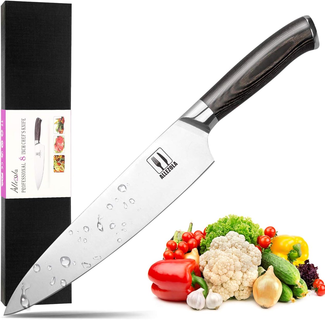 Kitchen Knife Allezola Professional Chef Knife -8 inch German High Carbon Stainless Kitchen Knives With Wooden Handle, Perfect Cooking Knife for Cutting, Dicing, Slicing or Mincing