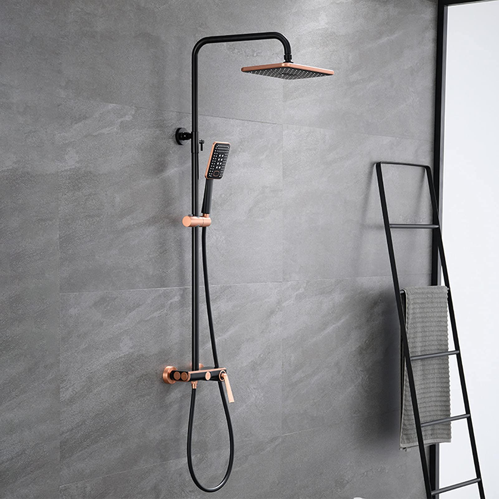 AYCDL Exposed Shower Faucet Set, Abs Rainfall Shower Head with Handheld Shower Sprayer, Wall Mounted Single Handle Shower System with Tub Spout,Chrome,Black Rose,Black Rose