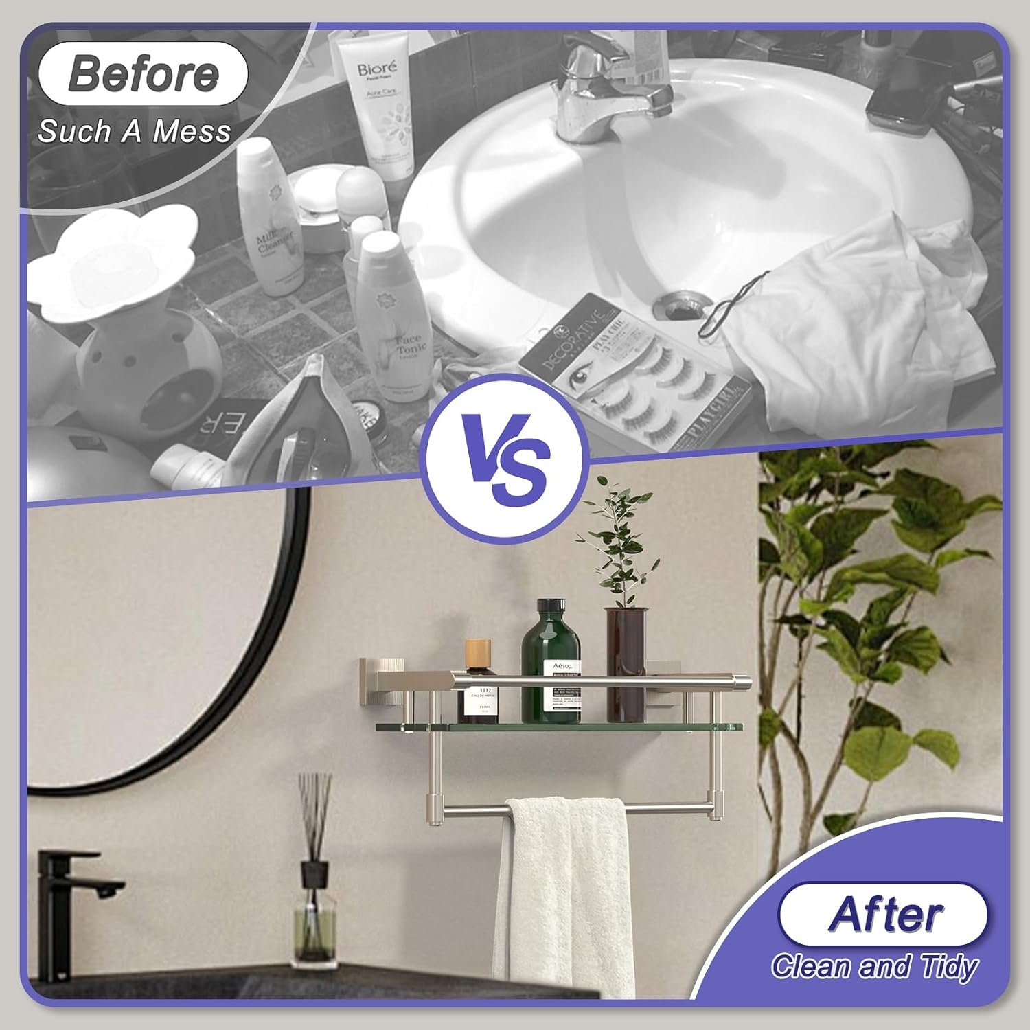 16-Inch Modern Glass Shelf with Towel Bar, 1-Shelf, Brushed Nickel Finish, Wall Mount, Bathroom Organizer