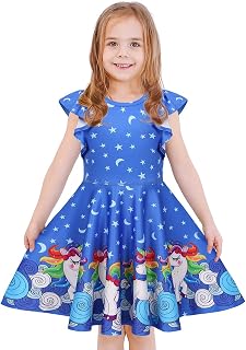 LaBeca Girls Unicorn Mermaid Twirly Casual Dress for Kids 2-9 Years | Toddler Little Big Girls Princess Dress, High Stretchy, Placement Print, Suitable for Playwear, Birthday Party and Dance
