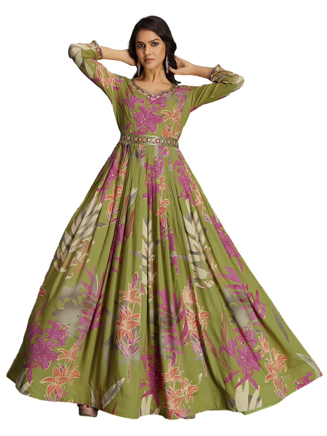 Women's Rayon Print with Hand Embroidery Work Anarkali Long Gown(M-2543)-image-20