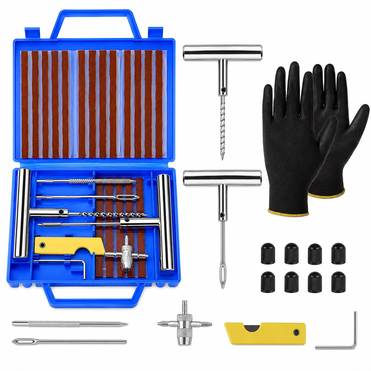 Kit Riparazione Pneumatici Tubeless 37 Pezzi Gomme Auto Moto Strisce Attrezzi Tappi Valvola