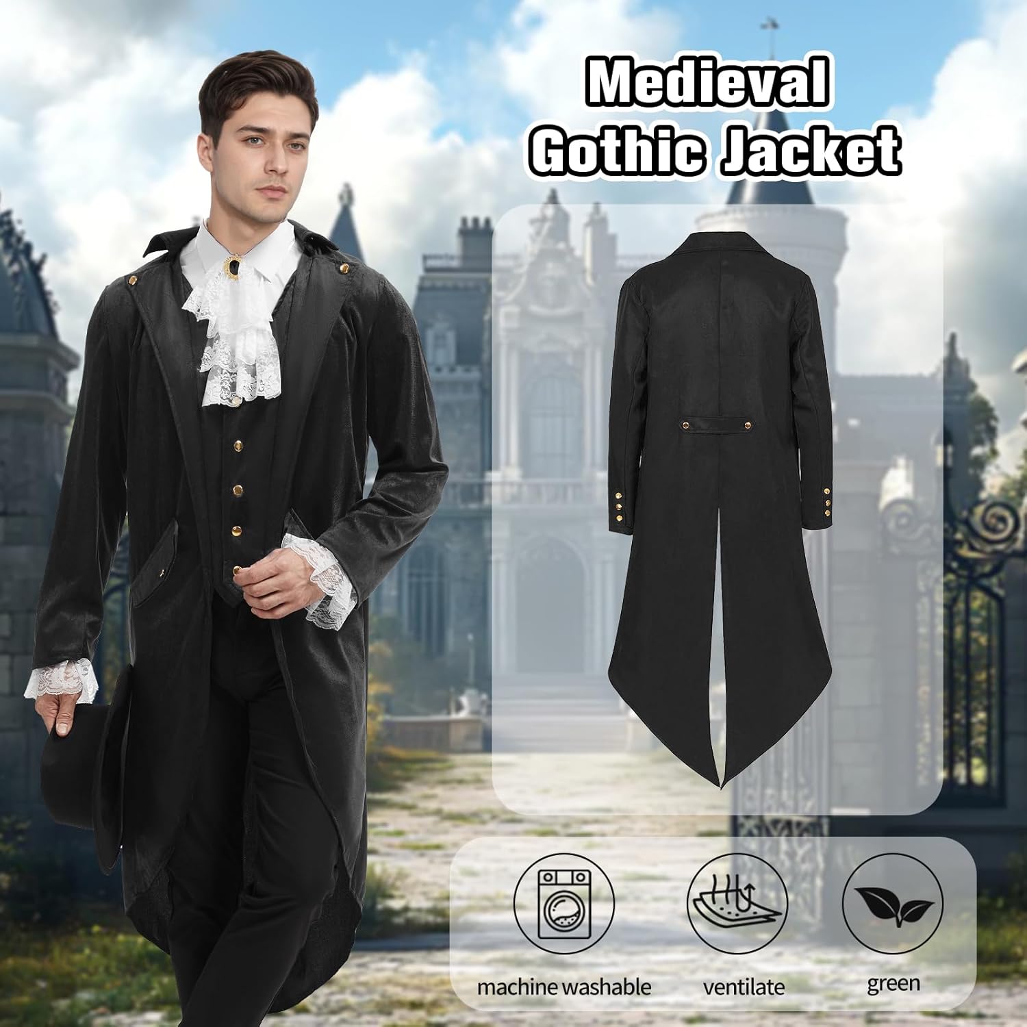 Men's Steampunk Vintage Tailcoat Jacket Gothic Medieval Coat for Halloween Costume - Image 3