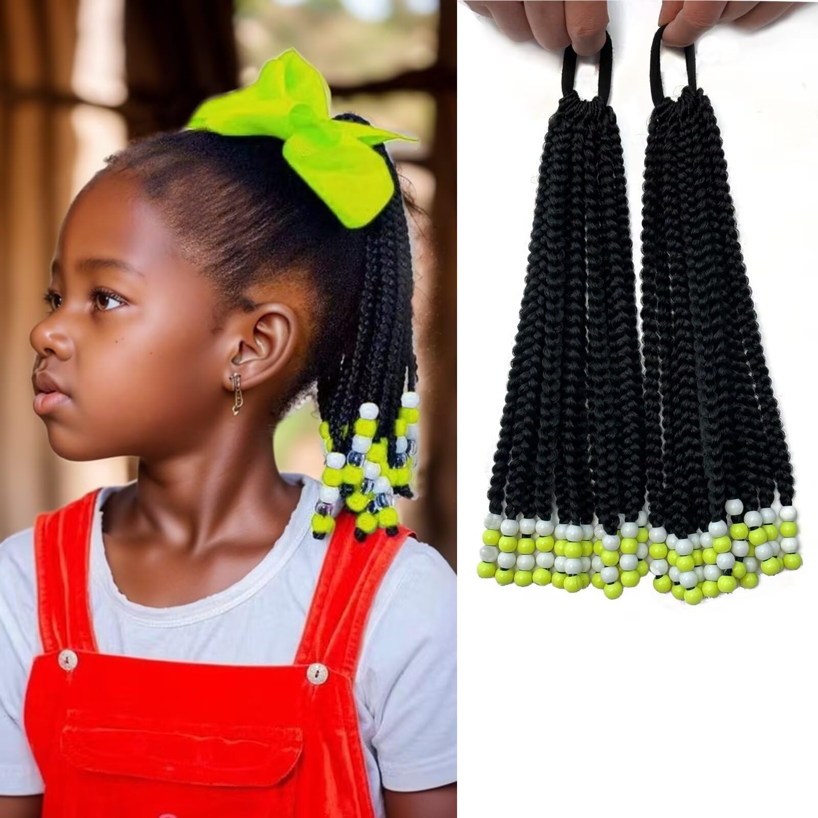 WSTAR 2pcs Kids Ponytail Extension With Beads Box Braids ponytails Hairpieses for Kids Braids with Beads Protective Braided Hairstyles for Black Girls