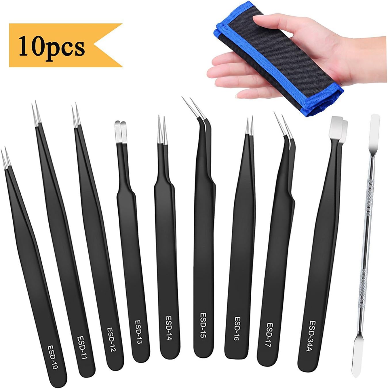 10 PCS Precision ESD Anti-Static Tweezers Set, Lnkey Stainless Steel Precise Tweezers Set, Repair Tools Set For Computer Electronic, Jewelry, Laboratory and Precision Work