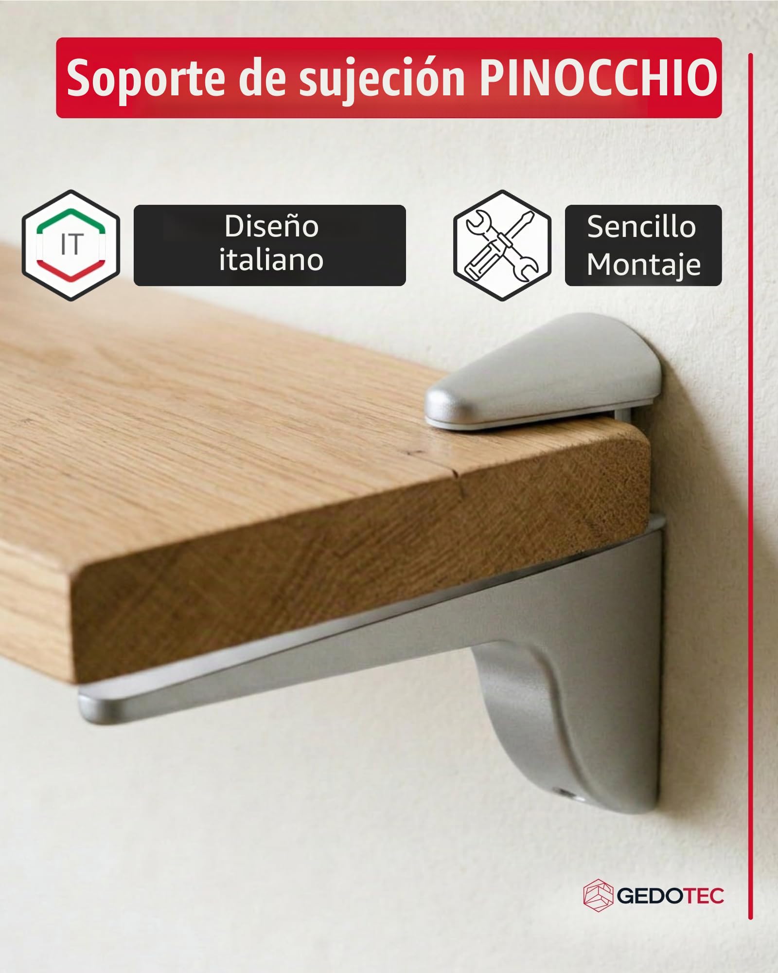 Gedotec Design Soporte de estante de vidrio - Plata mate | 2 piezas - soporte de estante de carga pesada | PINOCCHIO | estante de pared de metal | soporte de estante hasta 50 kg | soporte de estante