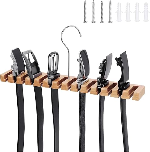 Cinturón de madera maciza y estante para corbatas, 14 ranuras, color beige