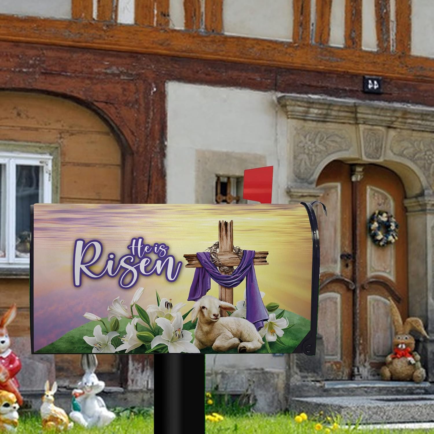 He is Risen Easter Cross Christian Mailbox Cover Magnetic Standard Size 20.5" x 18", Religious Spring Lily Flower Decorative Post Letter Box Wrap Decor Lamb Garden Yard Outdoor Decoration