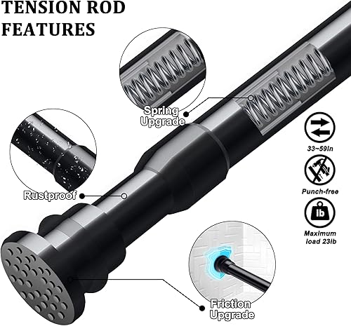 Miniatura 10 de QILERR Barra de cortina de tensión de 33 a 59 pulgadas, barra de tensión de resorte de extensión ajustable, fácil de instalar, sin perforación,