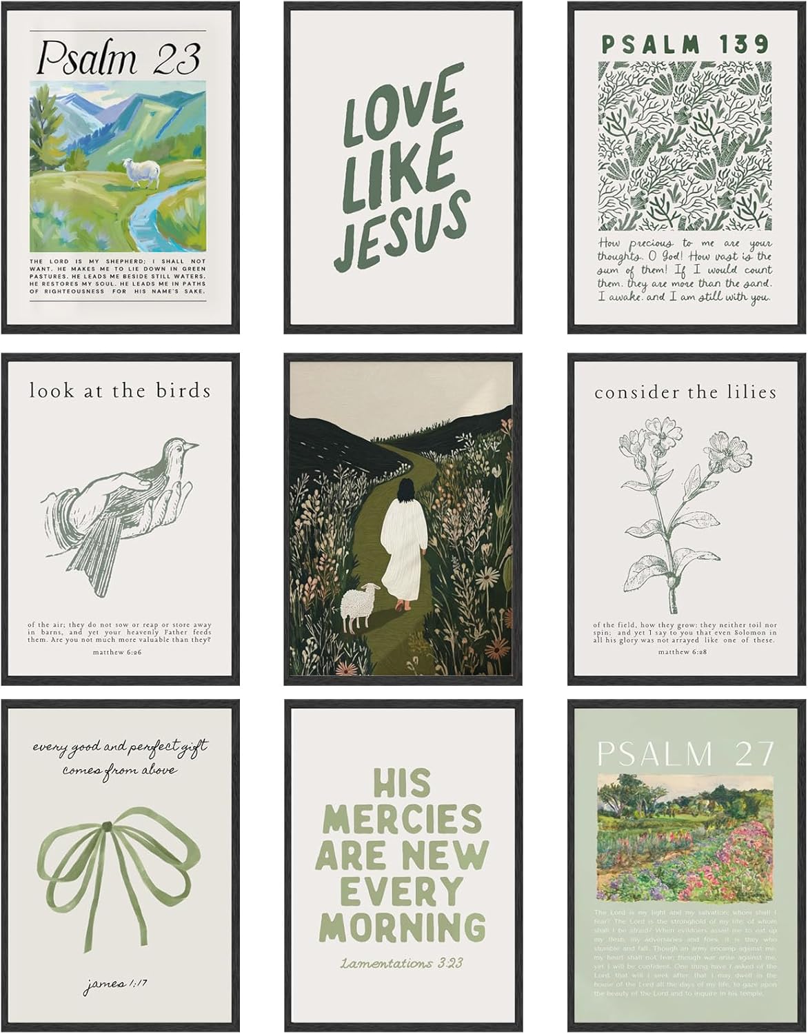 9pcs Sage Green Christian Wall Art Bible Verse Paintings Pictures Wall Decor Jesus Poster Printing Artwork for Living Room Bedroom Christian Housewarming Gift Fashionable College Style Home Decoration