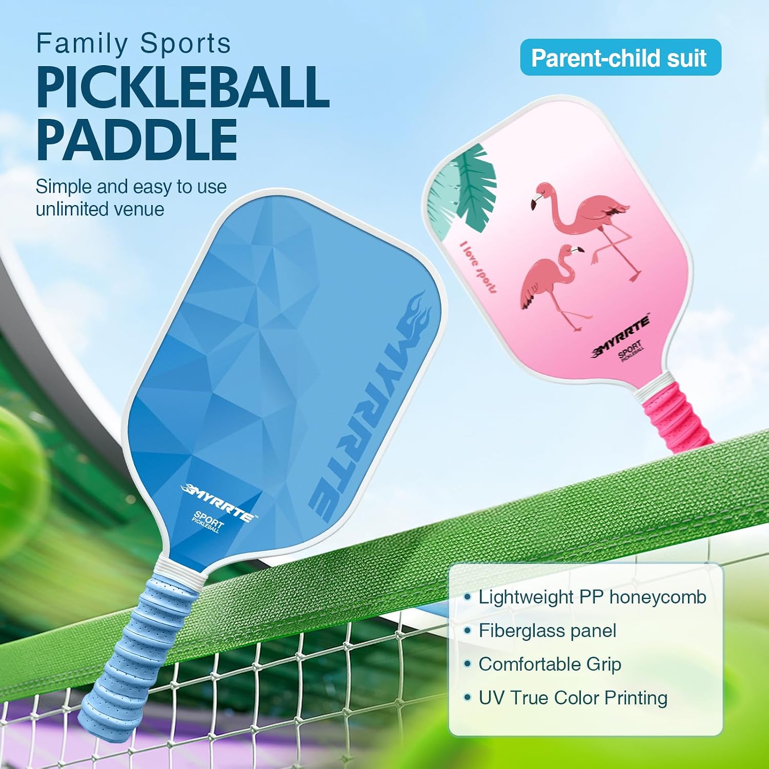 Pickleball Paddles Set of 2 Fiberglass Pickleball Racket Lightweight Honeycomb Core Unmatched Control(2paddles+4balls)