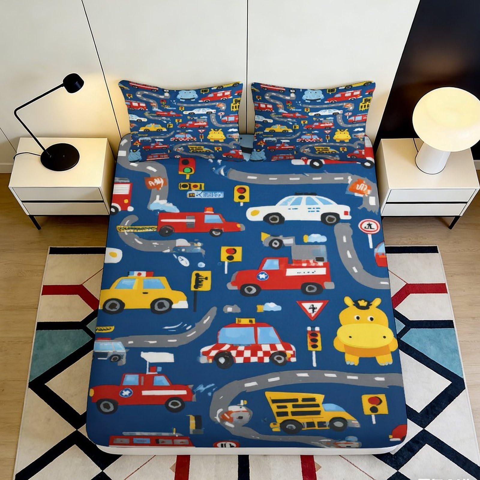 Pnayamiorkfel Style-2 3D Printed Traffic Car Road Fitted Sheet Microfiber Anti-Slip Cartoon Hippo Bed Cover For Bedroom Guestroom Decor 90X200x25cm