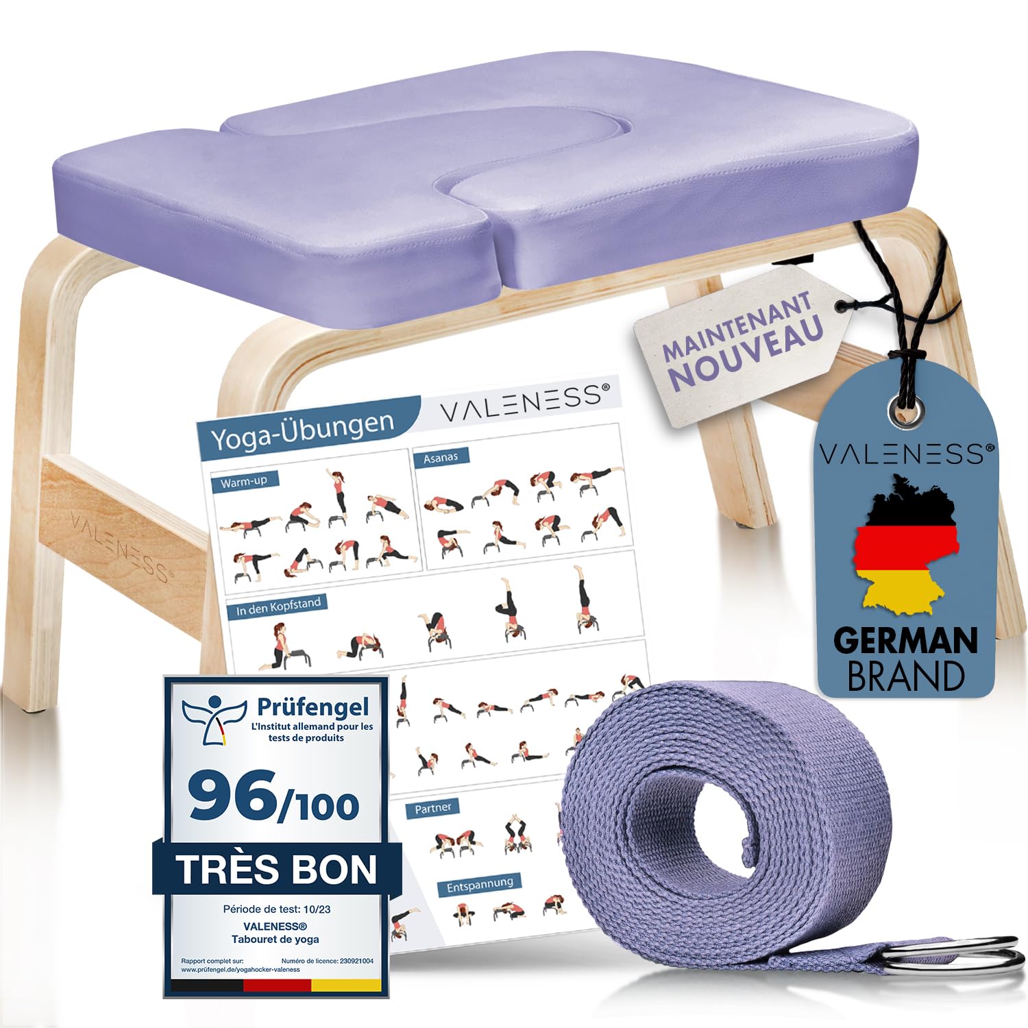 Tabouret De Yoga Poirier VALENESS® Avec Sangle, Bloc Et Poster - Chaise En Bois Pour Exercices Inversés