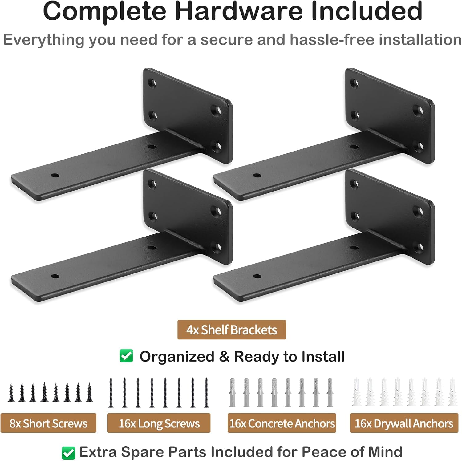 6 Inch Floating Shelf Brackets 4 Pack - 0.2" Solid Steel Heavy Duty Hidden Support for Bathroom Office Small Shelves - Requires Backer Board or Solid Wall (Not for Single Stud) Black