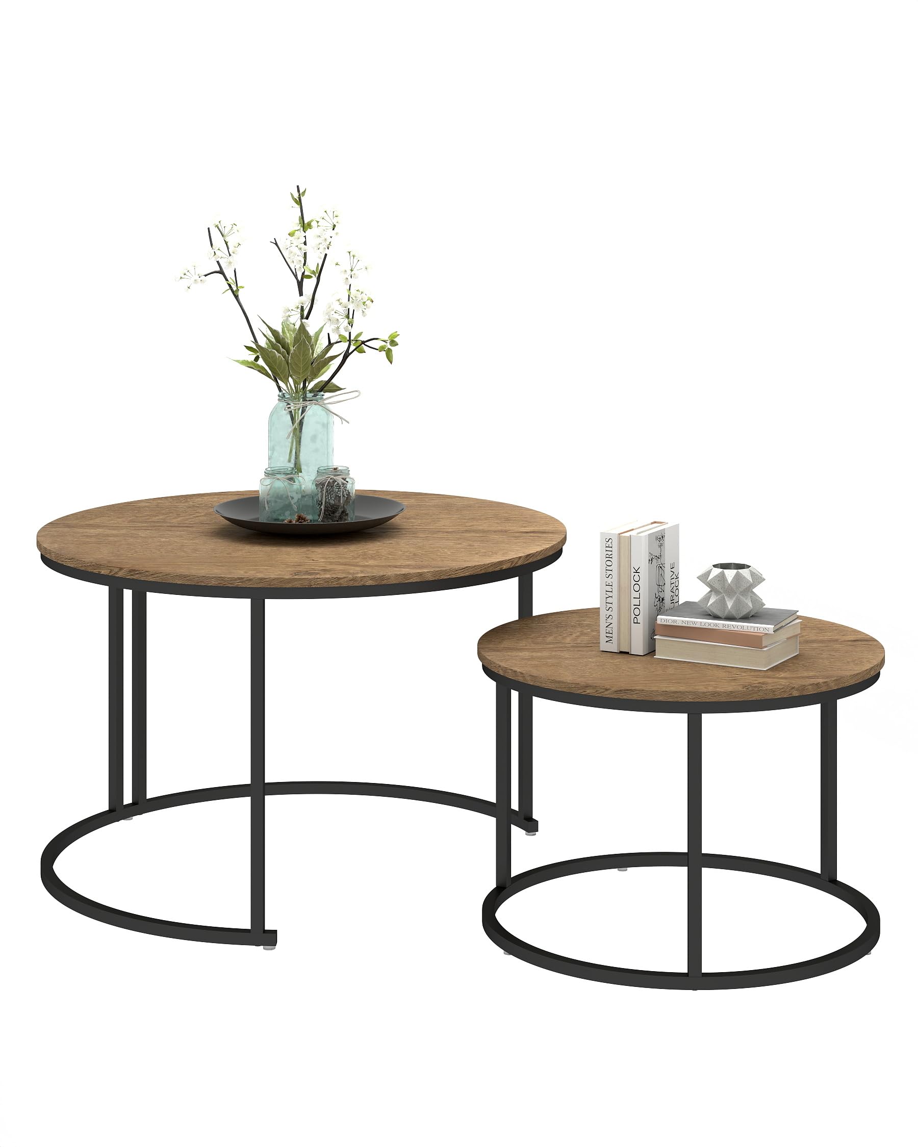 Tavolino Rotondo da Salotto, Tavolino da Salotto Legno Moderno, Tavolo Salvaspazio con cornice nera, Coffee Table 2 pezzi