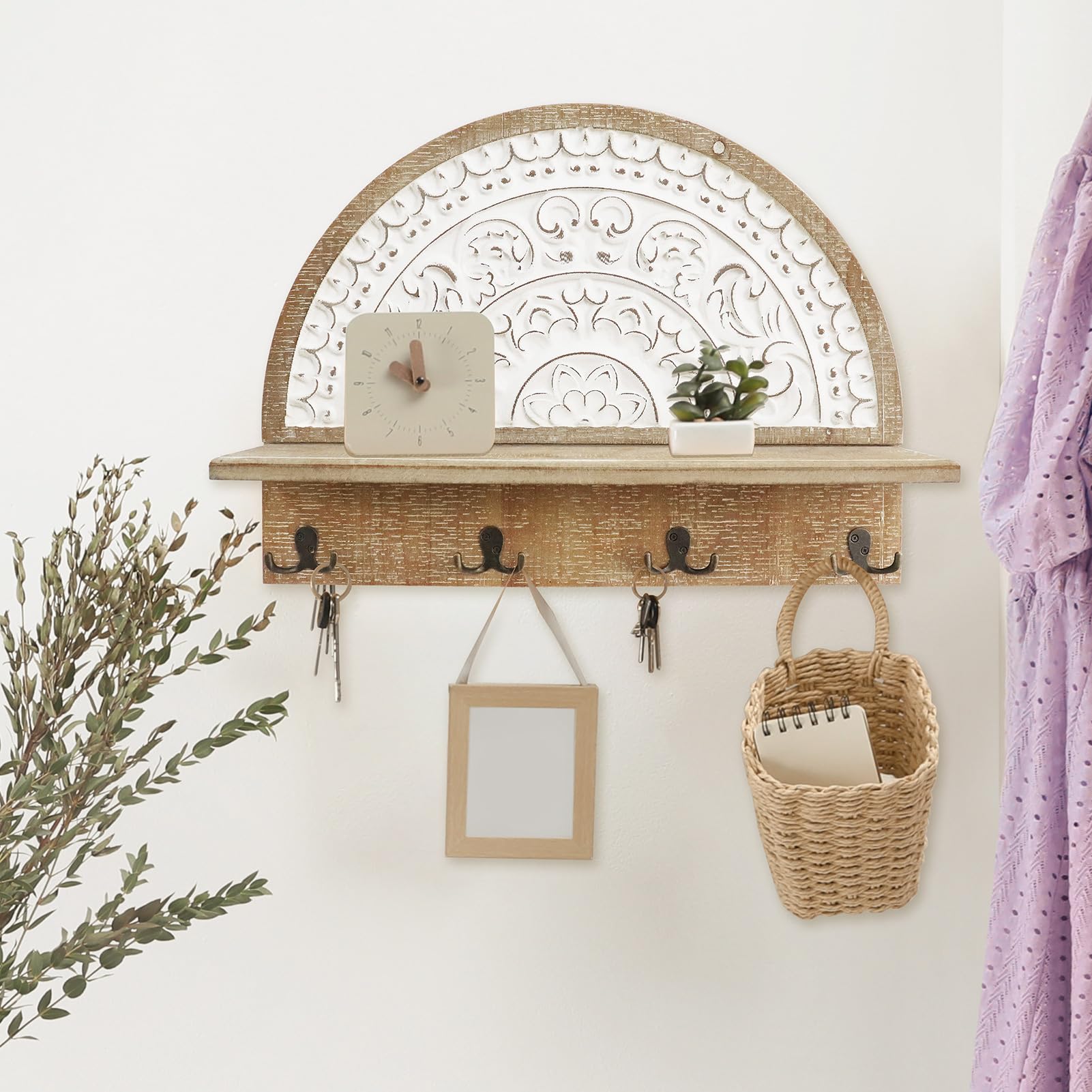 Coat Rack Wall Mount with Shelf,Rustic Key Holder Wall Mount,Solid Wood 24'' Long Wall Shelf with 4 Double Hooks for Mudroom Kitchen Entryway Living Room Bedroom Farmhouse Wall Decor