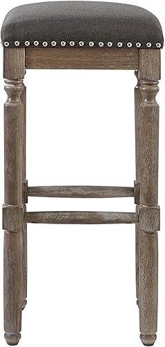 Miniatura 6 de Ball & Cast Taburete de bar tapizado de 26 pulgadas con altura de asiento de cocina, acabado de roble envejecido, tela gris, paquete de 2