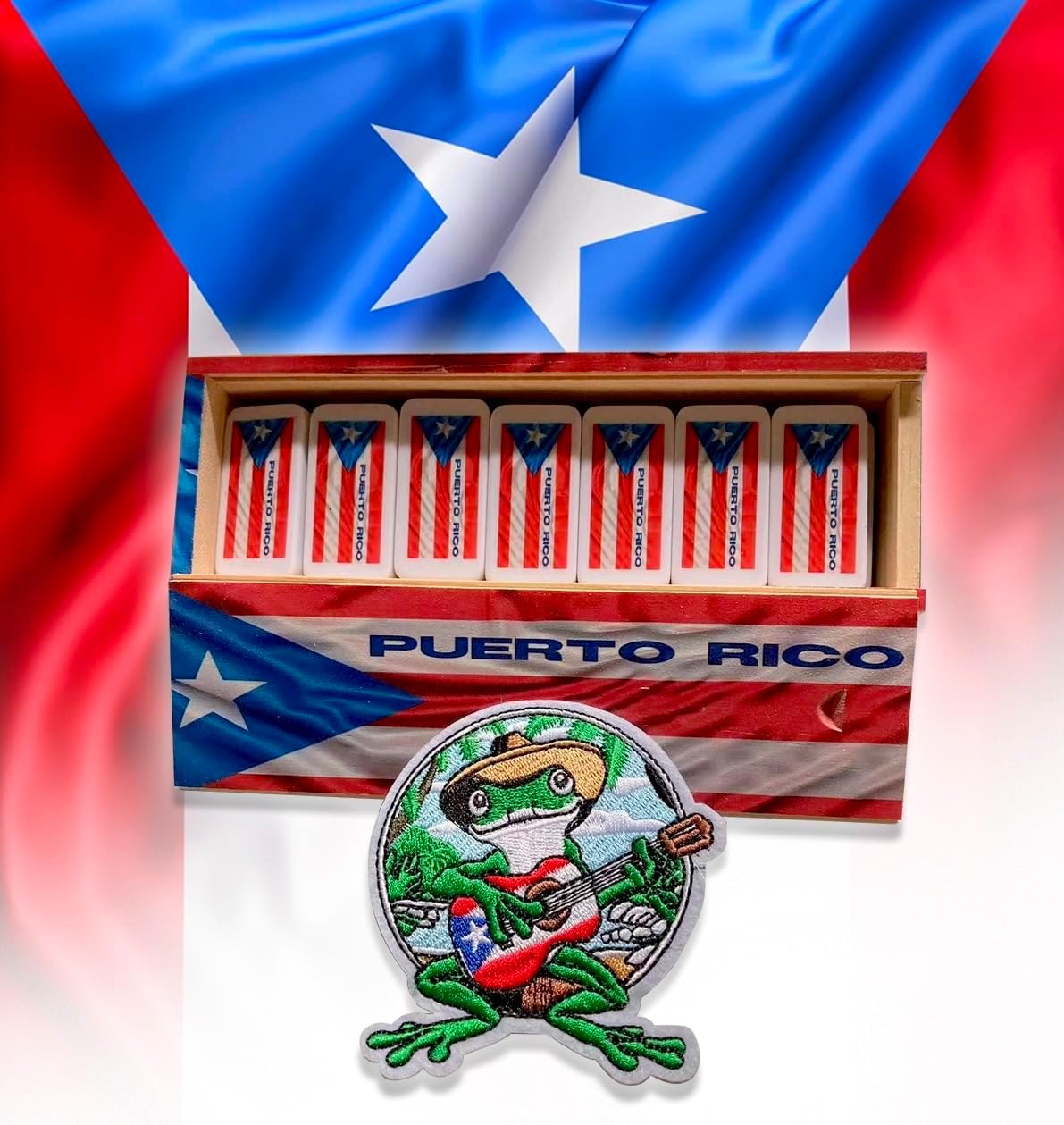 Puerto Rico Dominoes Set – Double Six Resin Tiles with Puerto Rican Flag – Classic Wooden Box Storage – Boricua Heritage Collectible – Gift for Puerto Ricans, Travel Use