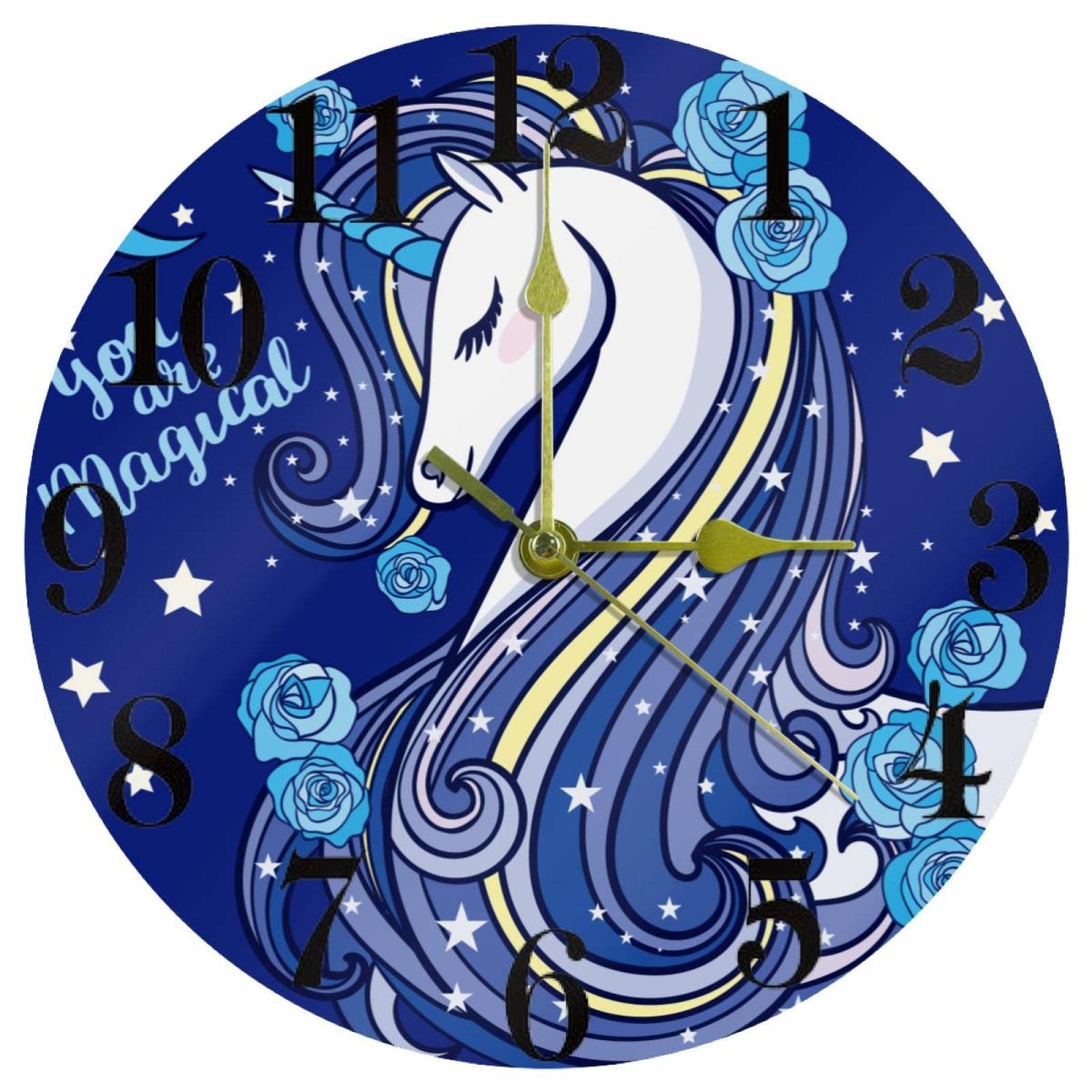 Horloge murale bleue licorne silencieuse pour stopper le tic-tac