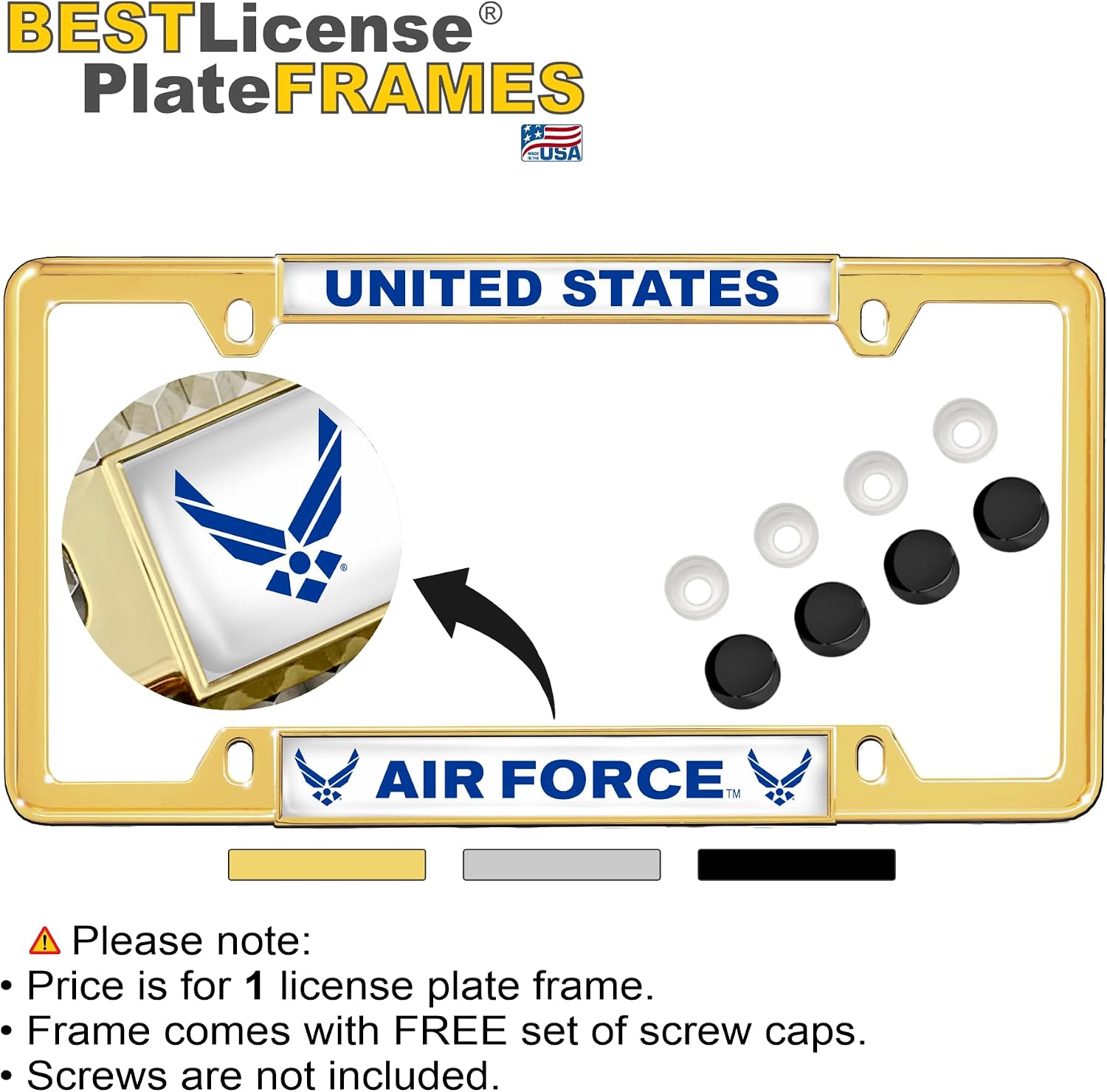 [Officially Licensed Product] - U.S. Air Force - Domed Custom-Made Personalized Narrow (Thin) Top 4 Hole Metal Car License Plate Frame with Free caps - Gold (Quantity: 1 Frame)