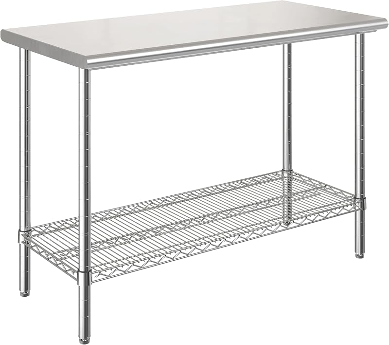 Sevilla Classics Mesa de trabajo comercial Isla Estación de preparación de carro utilitario, para restaurante, cocina, almacén, garaje, hotel, hogar, tapa de acero inoxidable NSF, 49" W x 24" D | Estación de trabajo duradera y resistente que soporta 1,000 lb con estante de alambre ajustable, es versátil para uso en cocinas y garajes