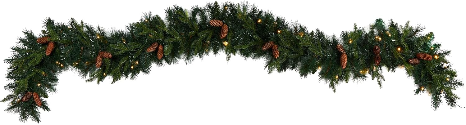 Nearly Natural 9ft. Mixed Pines and Pinecones Extra Wide Artificial Christmas Garland with 286 Bendable Branches and 70 Warm White LED Lights