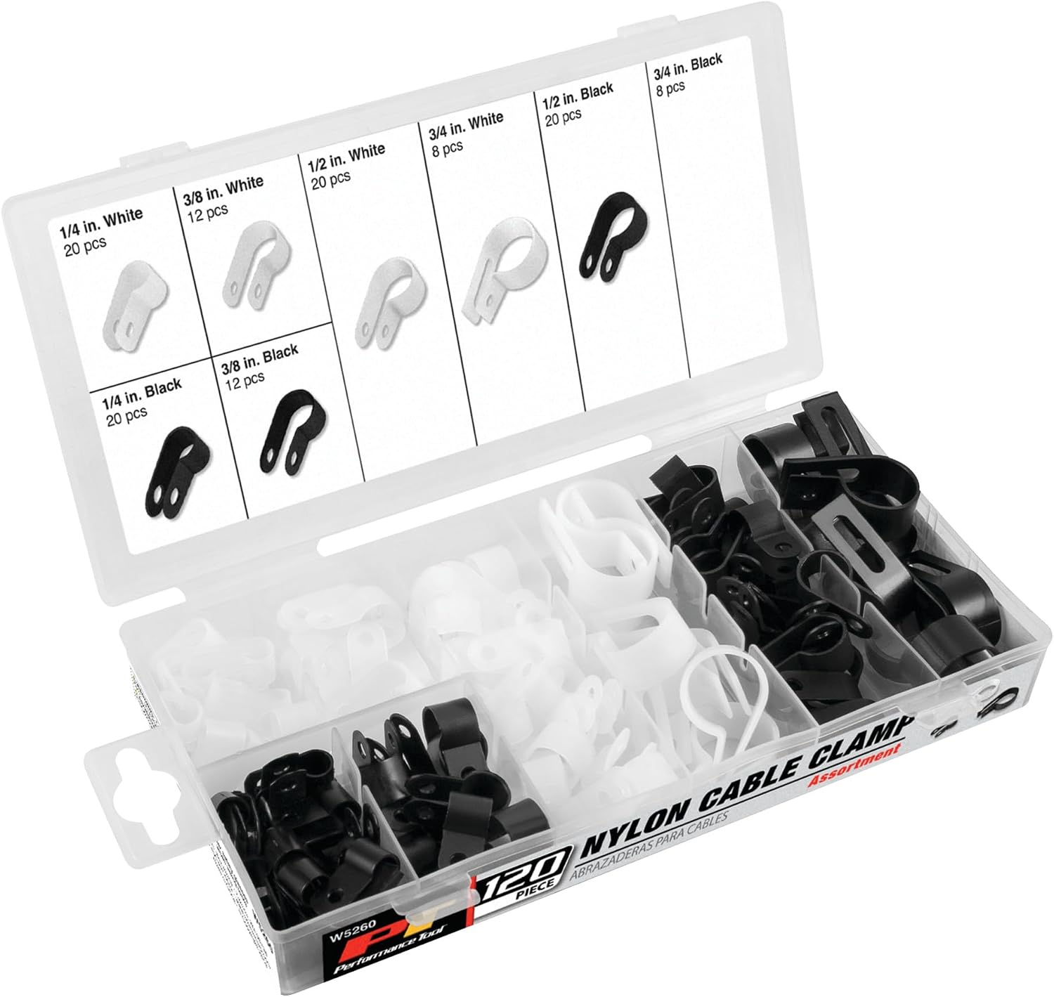 Performance Tool W5260 120 pc. Nylon Cable Clamp Assortment Kit - Secure and Organize Wires and Cables for Home, Office, and Automotive Use