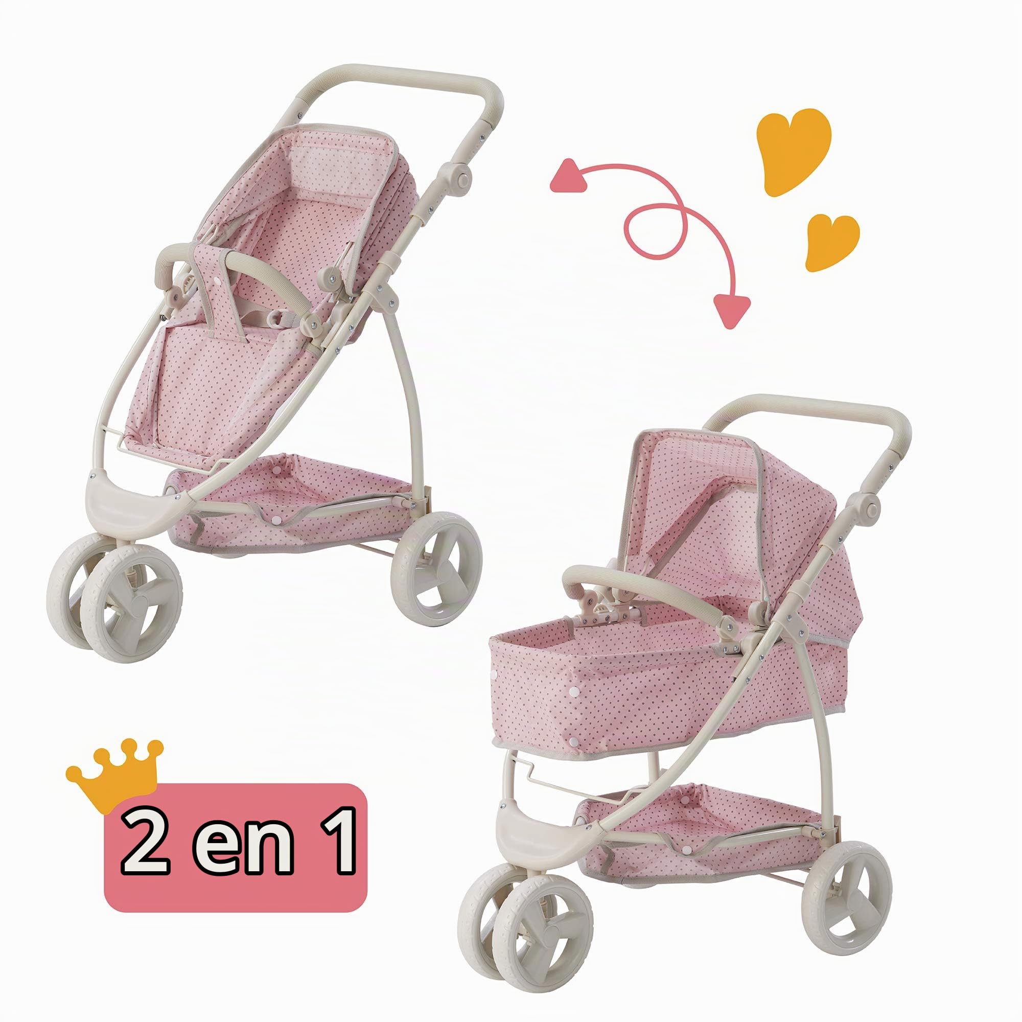 Le Petit Monde d'Olivia - Poussette 2-en-1 Princesse à Pois Polka Dots - Rose/Gris OL-00009
