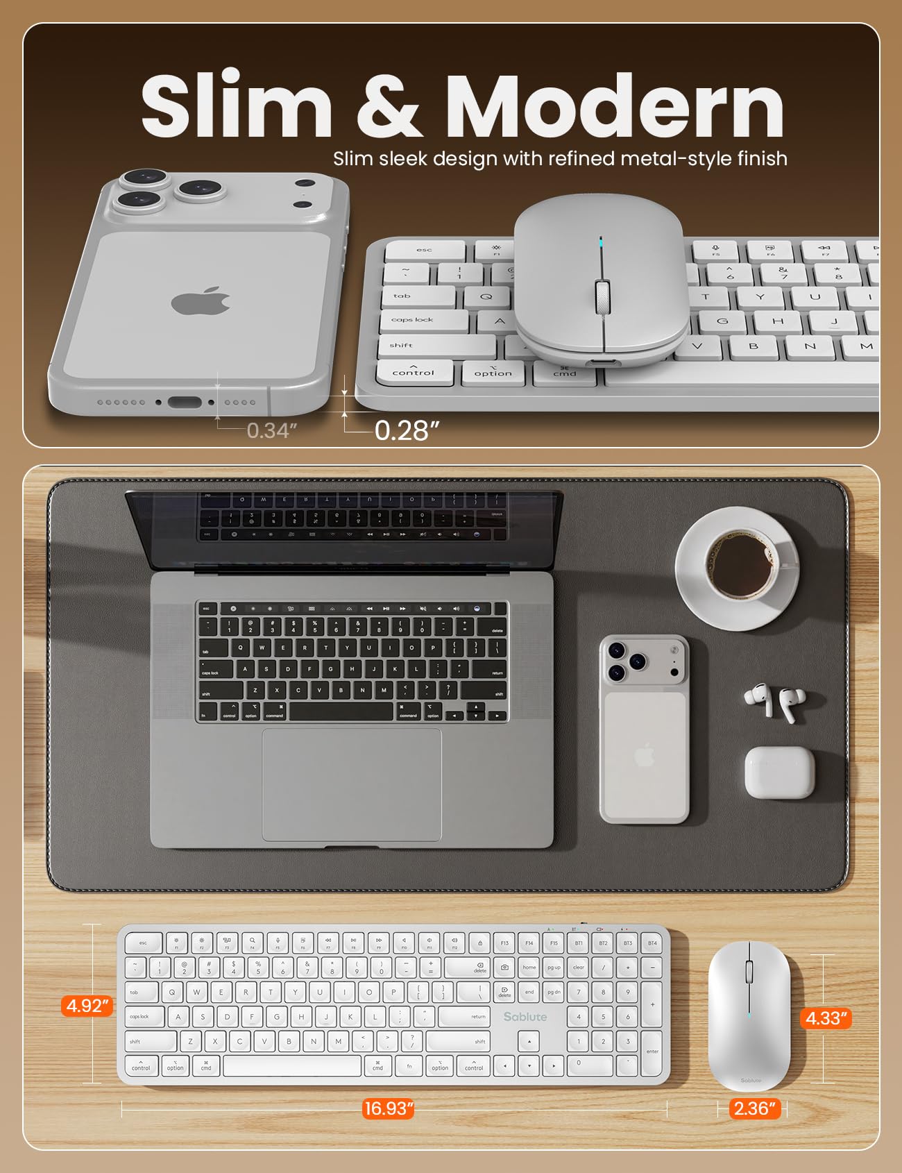 SABLUTE Teclado y mouse Bluetooth para Mac, combo de teclado inalámbrico recargable para múltiples dispositivos, textura metálica, tamaño completo para MacBook Pro/Air, iMac, iPad (blanco plateado)