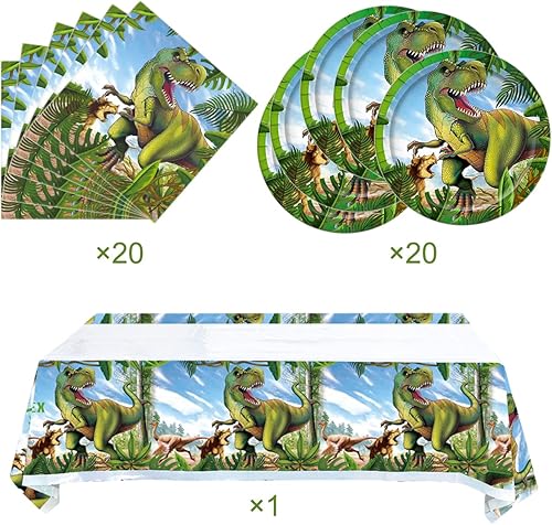 Miniatura 5 de Juego de vajilla de dinosaurio para fiesta de cumpleaños, platos temáticos jurásicos, servilletas, mantel, vajilla de dinosaurio para niños y niños,