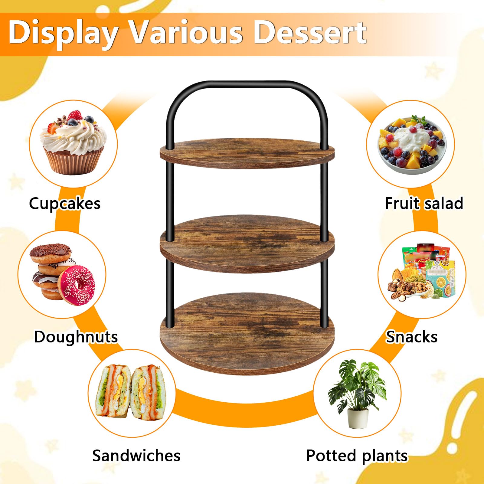 2Pcs KuchenstäNder Aus Holz, 3-Etage KuchenstäNder FüR 100 Cupcakes, GroßEr Runder KuchenstäNder Aus Holz mit Metallgriff, Geeignet Für Den Nachmittagstee, Hochzeiten, Party