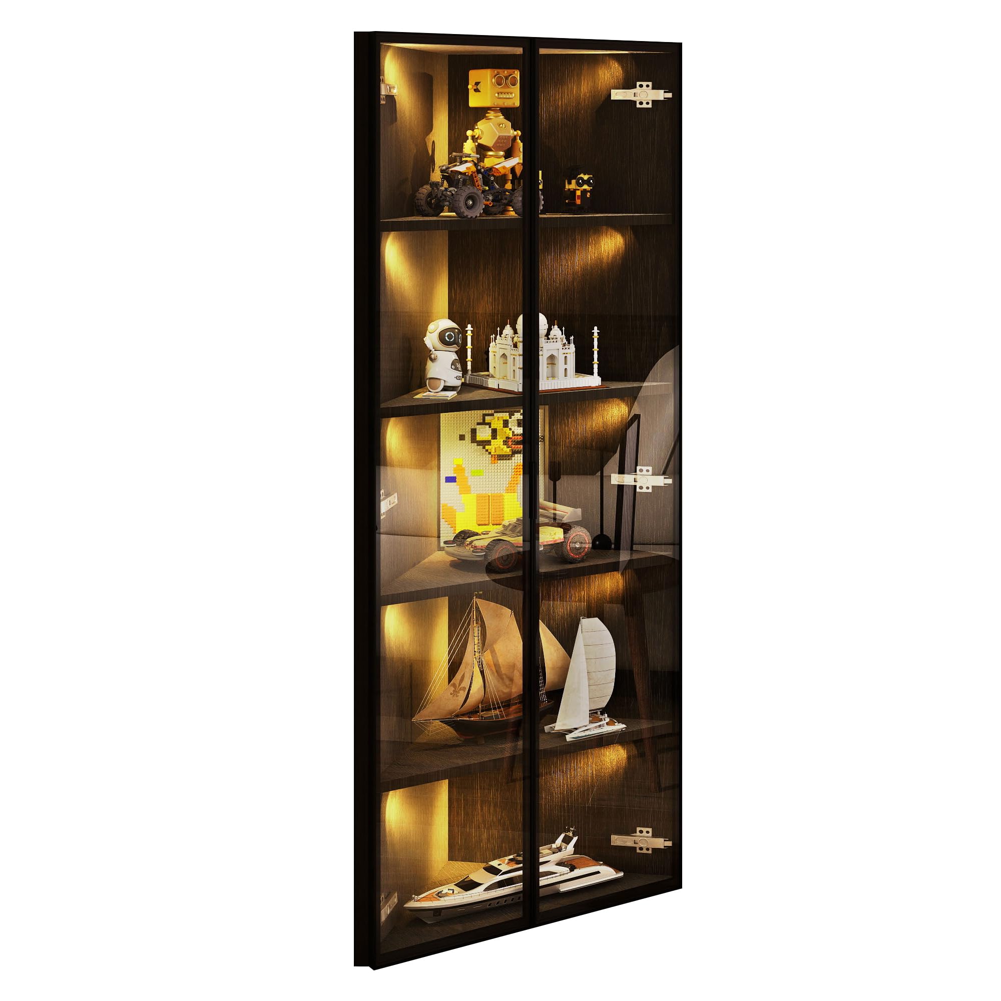Vitrina de Cristal con LED de MDF y Vidrio, Salón y Oficina, Negro, 62 x 35 x 160 cm