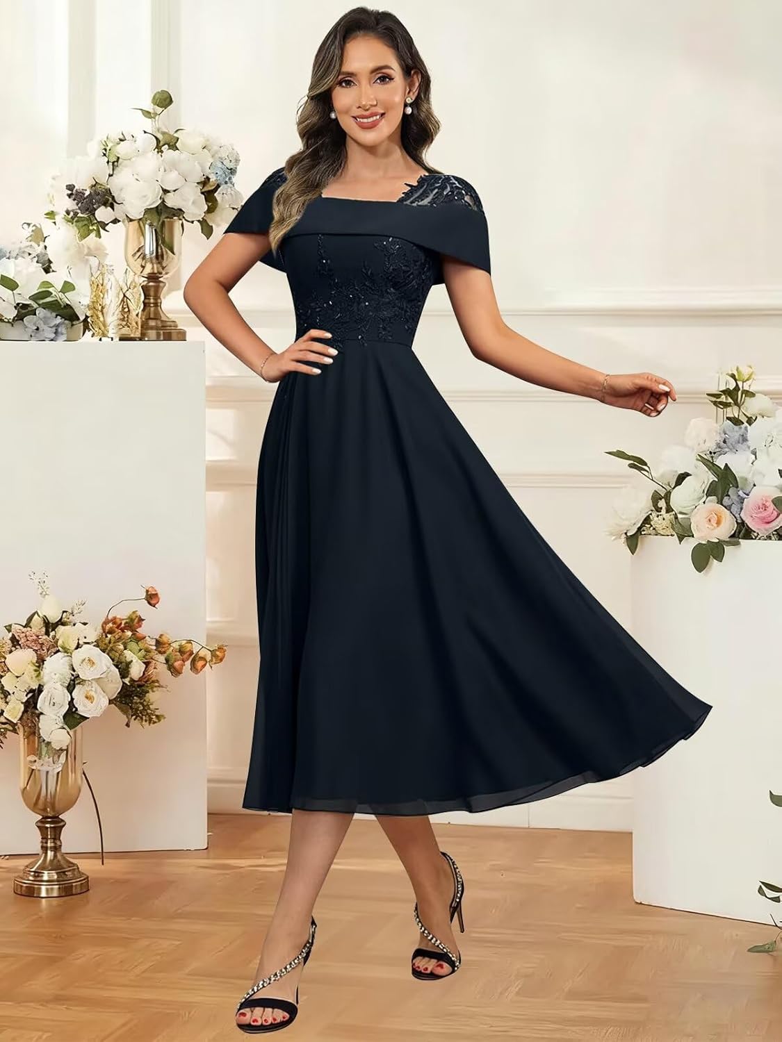 Tea Length Mother of The Bride Dresses for Women Sequin Lace Short Sleeve Ruffle Formal Evening Gown - Image 9