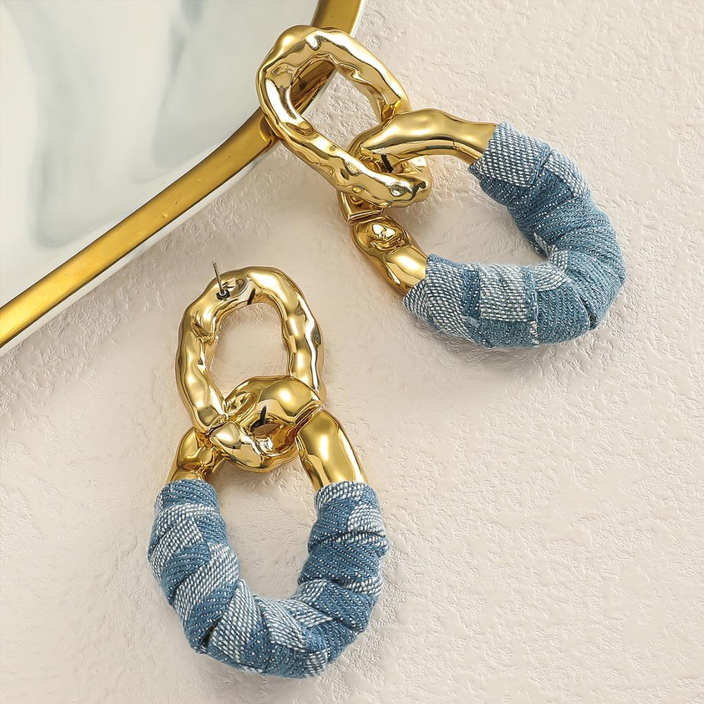 Chunky Gold Acrylic Chain Statement Earrings for Women,Exaggerated Thick Chain Artificial Leather Wrap Dangle Earrings Trendy Geometric Ear Jewelry
