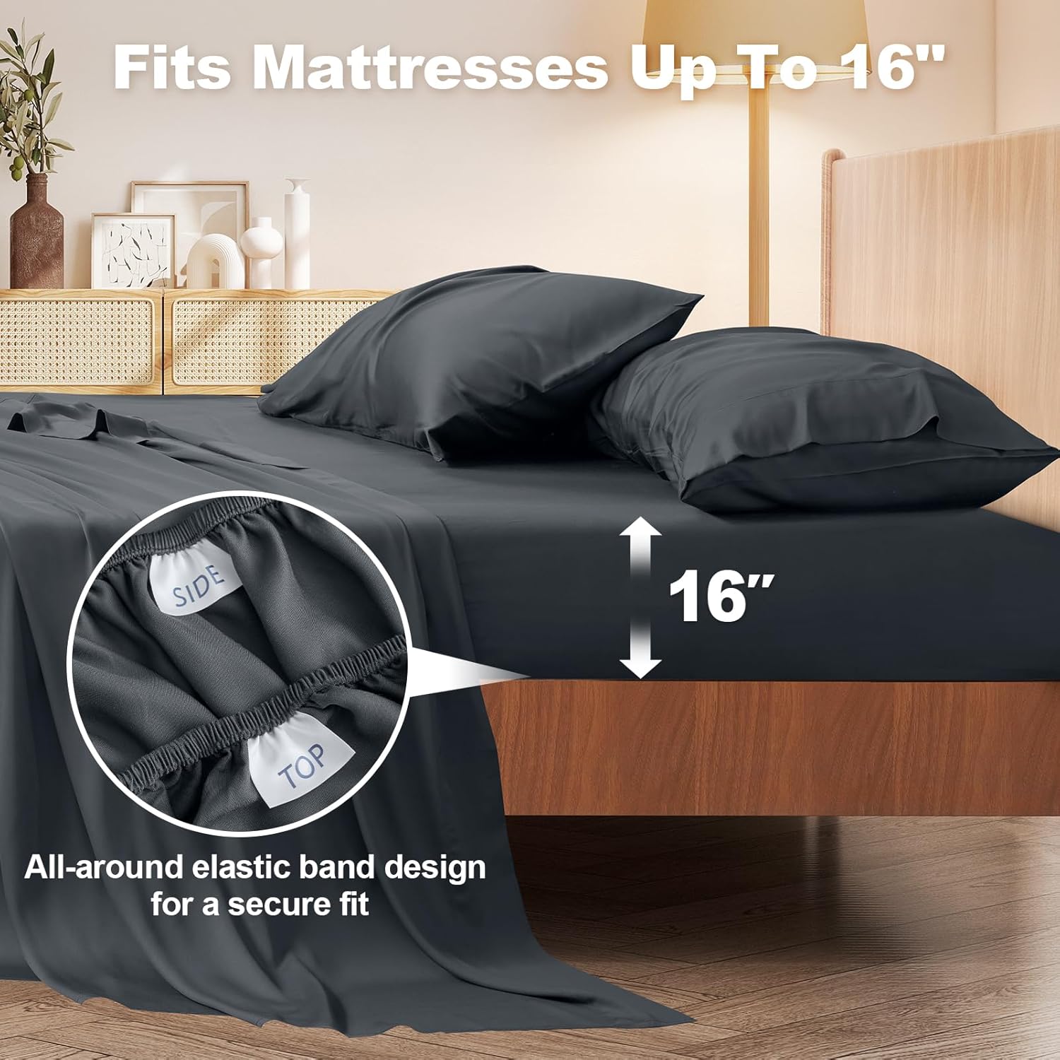 Vipfree Twin Sheet Set, 100% Rayon Derived from Bamboo, 3-Piece, 16 Inch Deep Pockets, Cooling Sheets for Twin Size Bed Set, Breathable & Silky Soft, Hotel Bedding Sheets & Pillowcases, Charcoal